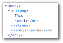 Screenshot of Firefox&#39;s developer tools showing how the mis-nested HTML is represented in the DOM