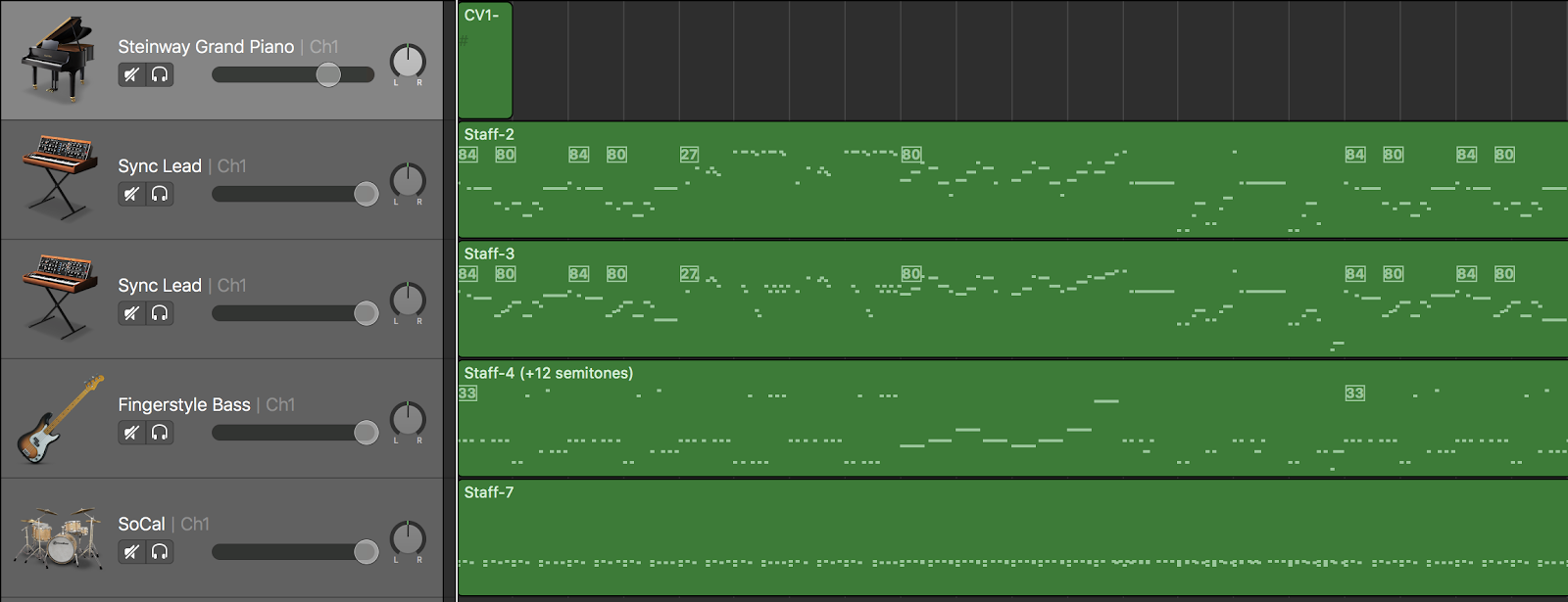 Garage Band project with the MIDI tracks