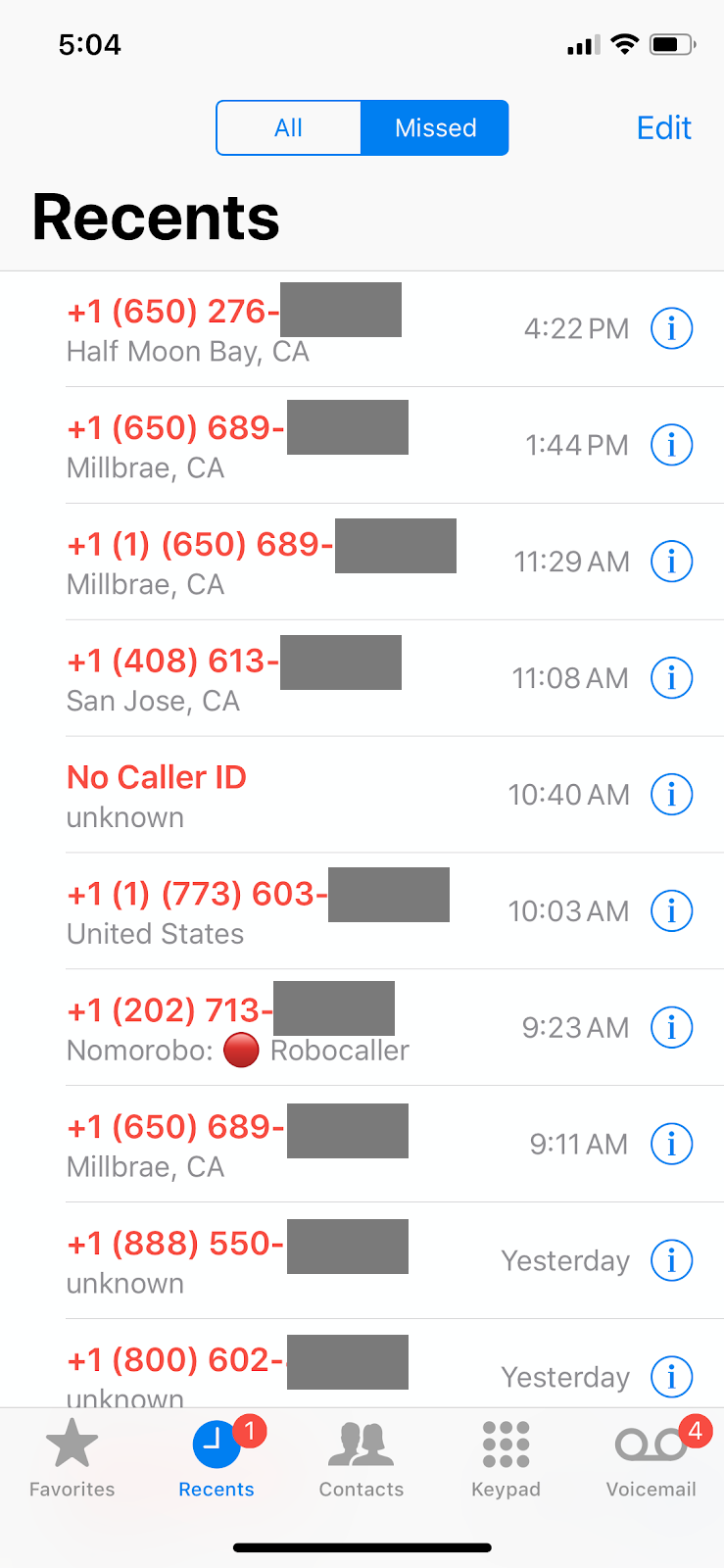 One day&#39;s worth of unknown callers.