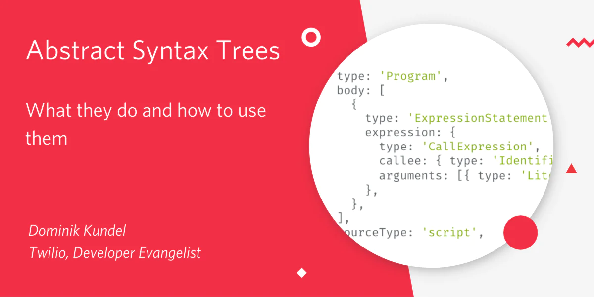 Slide titled Abstract Syntax Trees with code snippet and presenter details