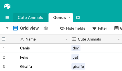 Screenshot of the "Genus" table from the "Cute Animals" base.