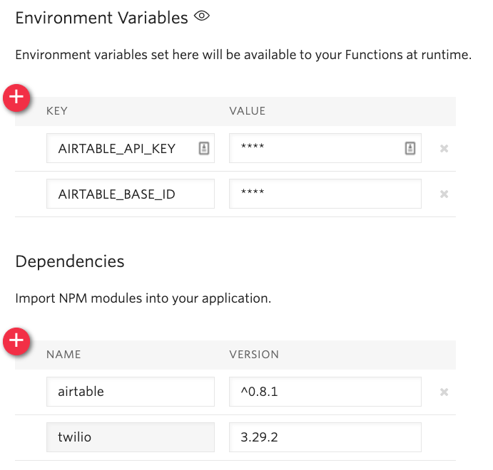 Screenshot of the configuration dashboard for Twilio serverless Functions. There are 2 environment variables: AIRTABLE_API_KEY and AIRTABLE_BASE_ID. There are two dependencies, Airtable ^0.8.1 and Twilio 3.29.2.