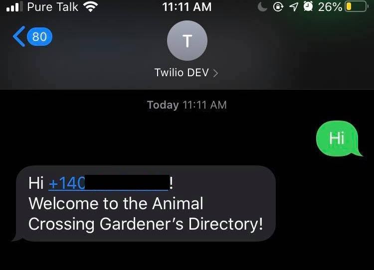 Example run of the Animal Crossing SMS collaboration app