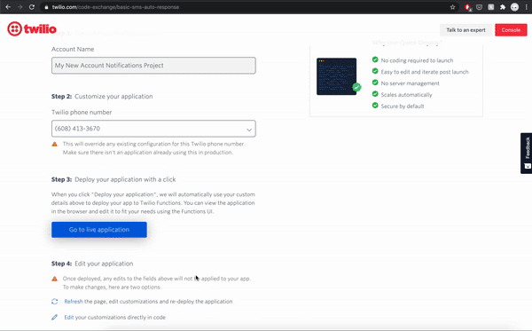 Editing a Quick Deploy app in the console