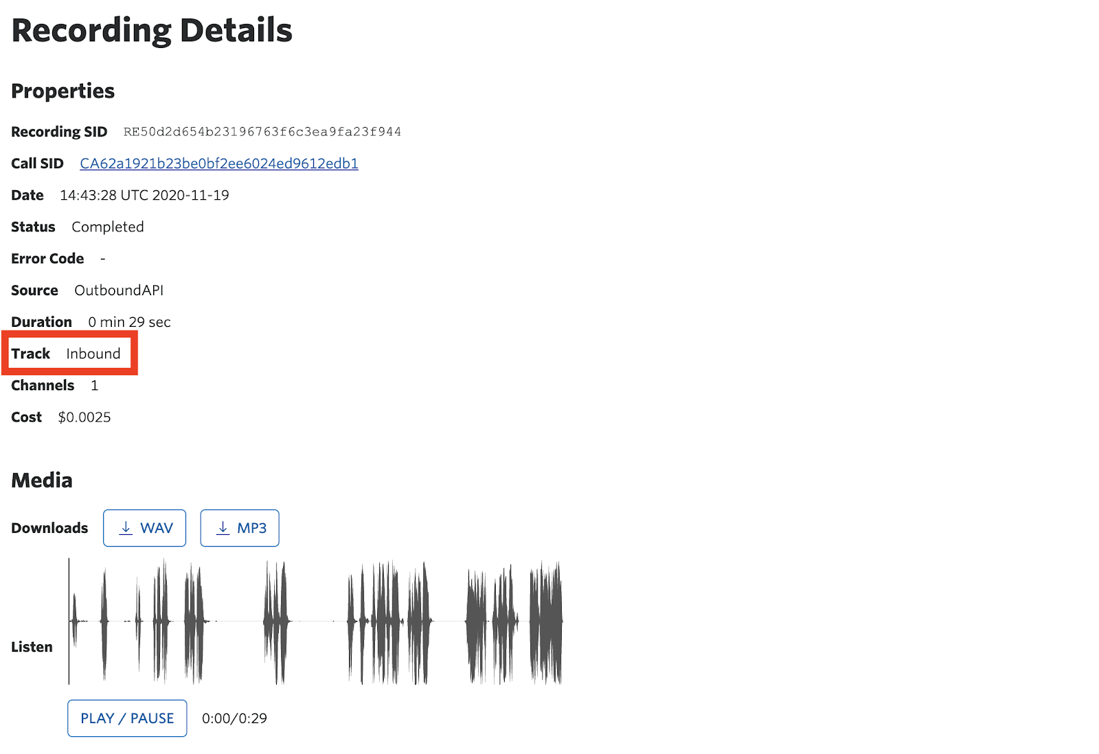 The Twilio Console Recording Details will highlight “Track information for what is recorded.