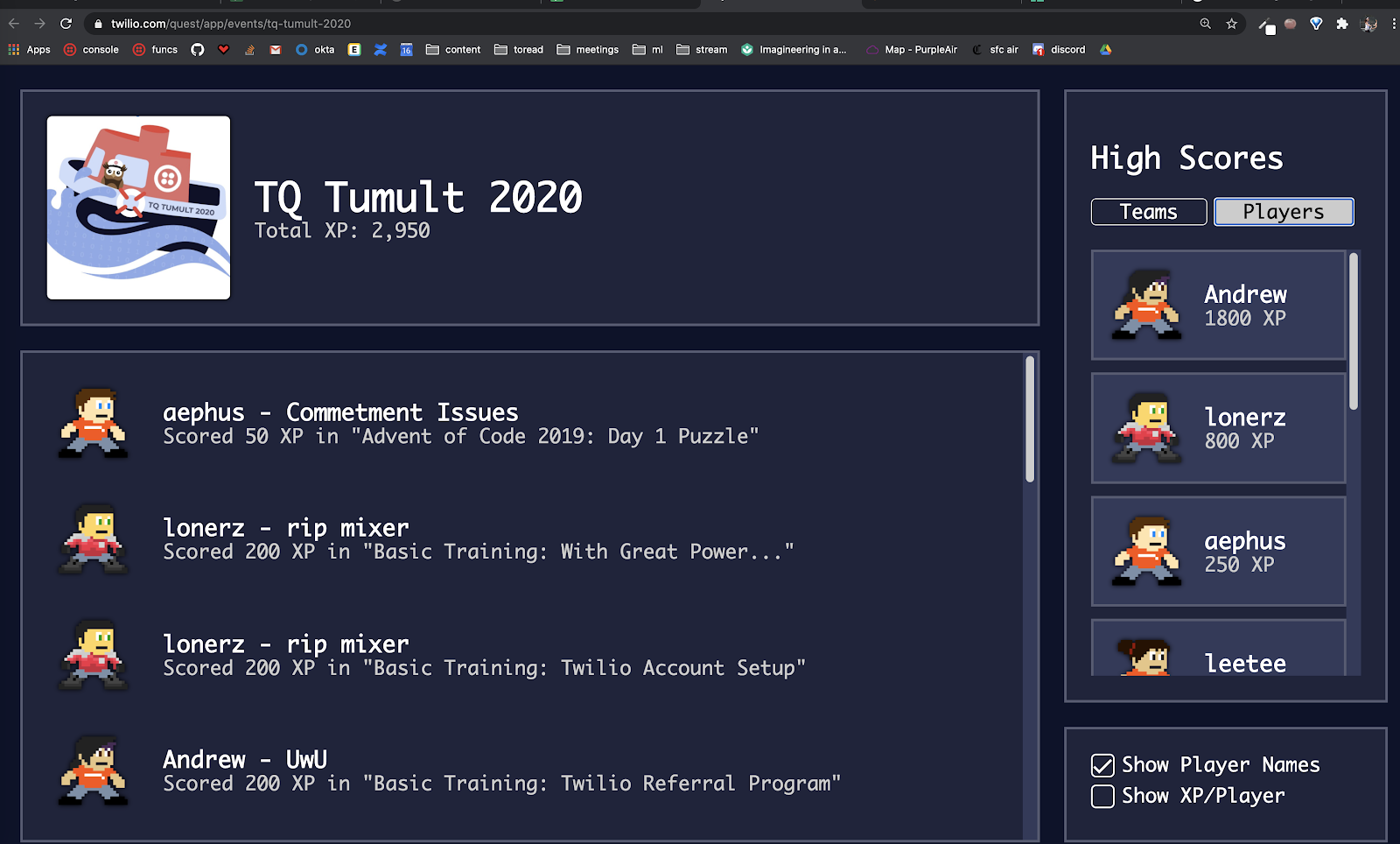 TQ Tumult leaderboard night it started