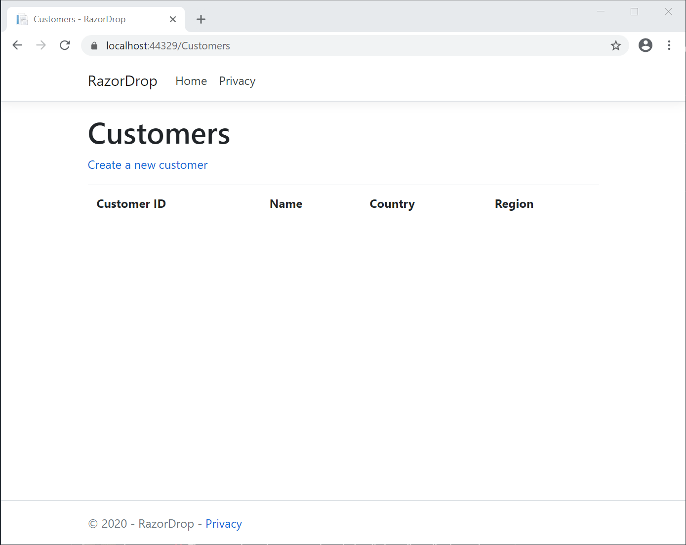 Chrome browser screenshot of /Customers/Index.cshtml