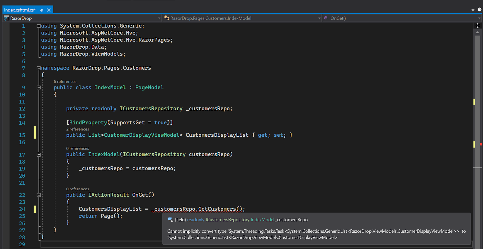 Visual Studio 2019 screenshot showing code error