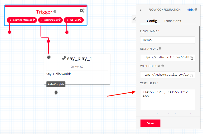 Test users displayed in Studio Flow