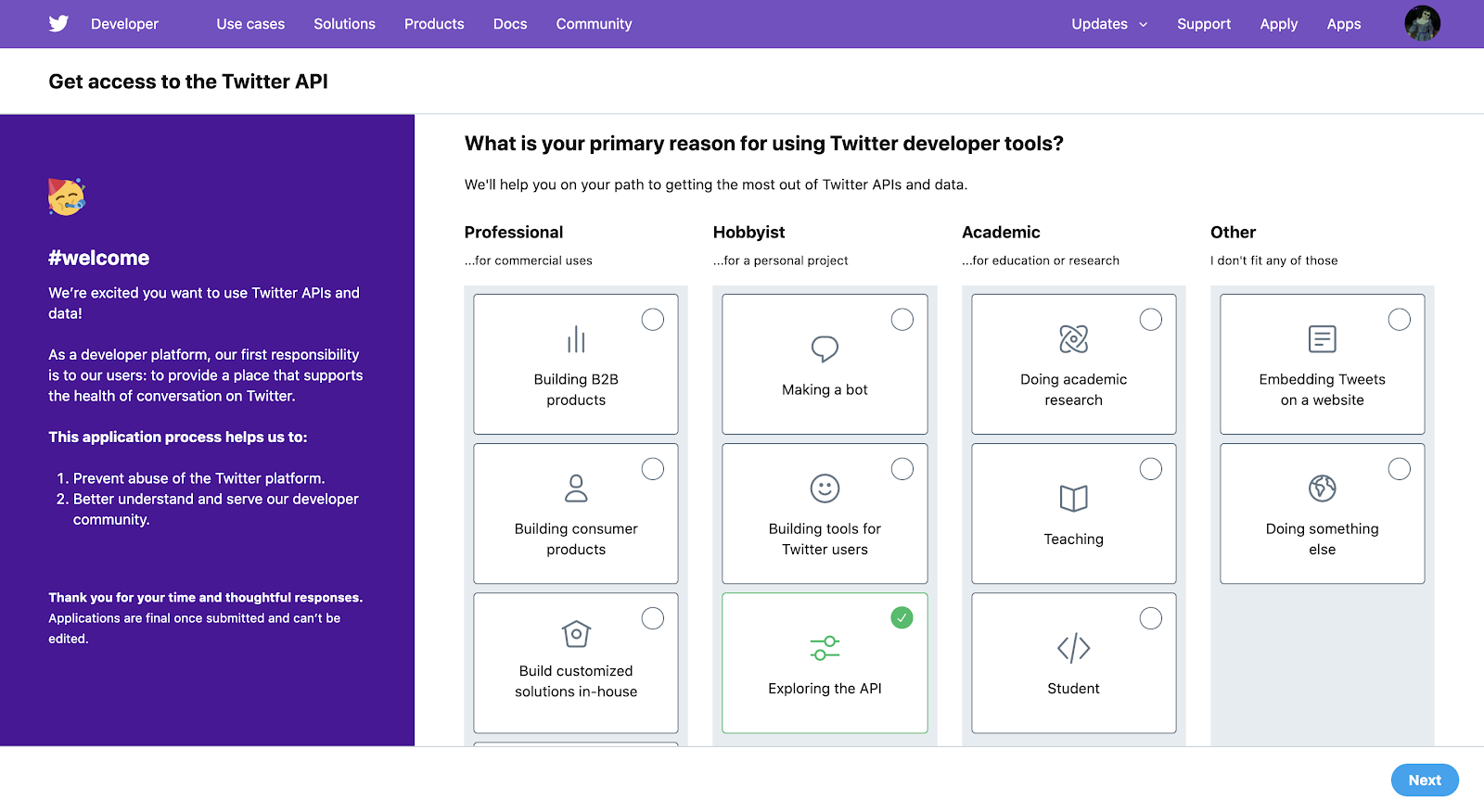 What is your primary reason for using Twitter developer tools?