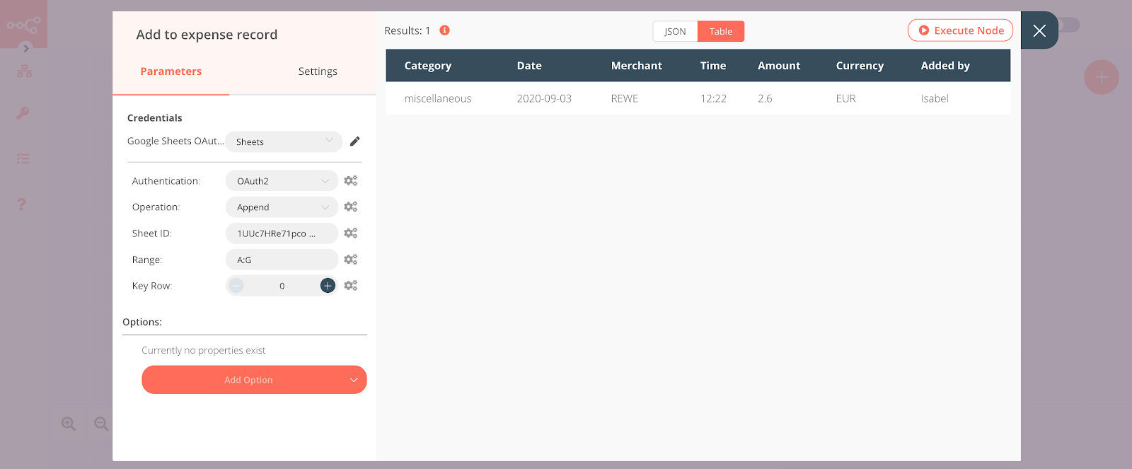 Google Sheets node screenshot