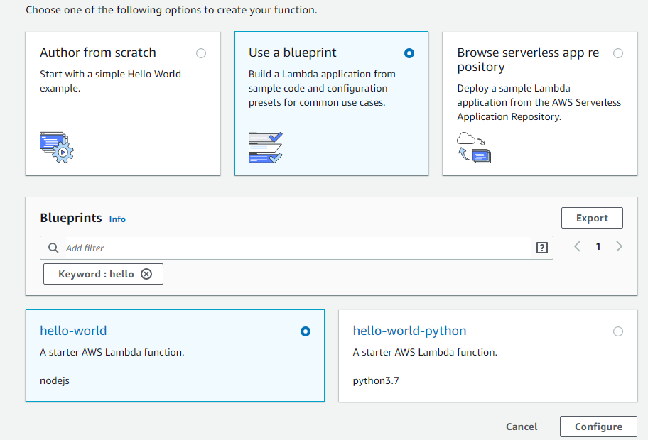 Blueprint selection in Lambda