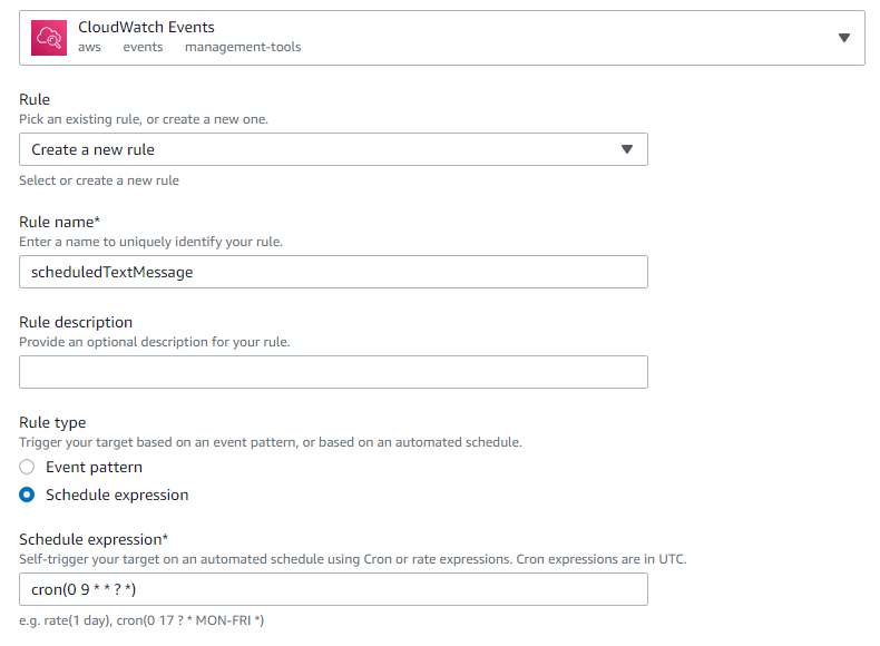 CloudWatch events screenshot with cron setting