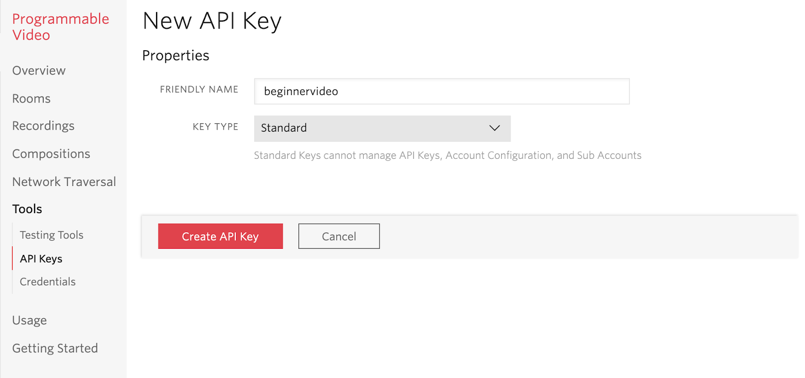 Create a new API Key in the Twilio Programmable Video Interface