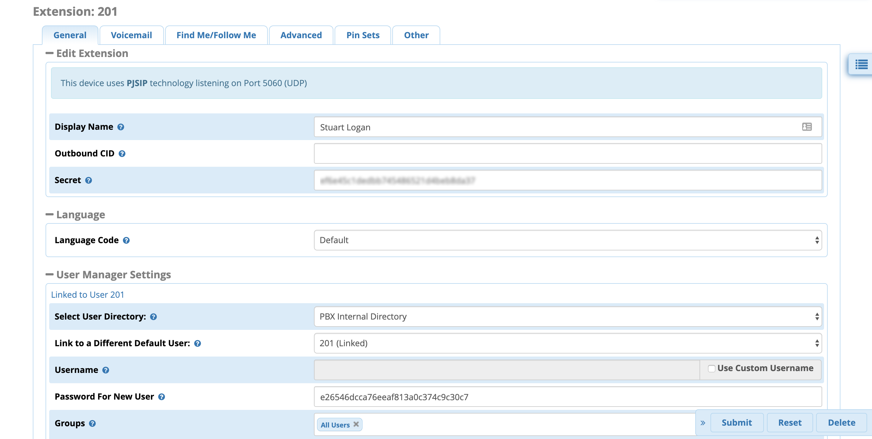 FreePBX Extension 201