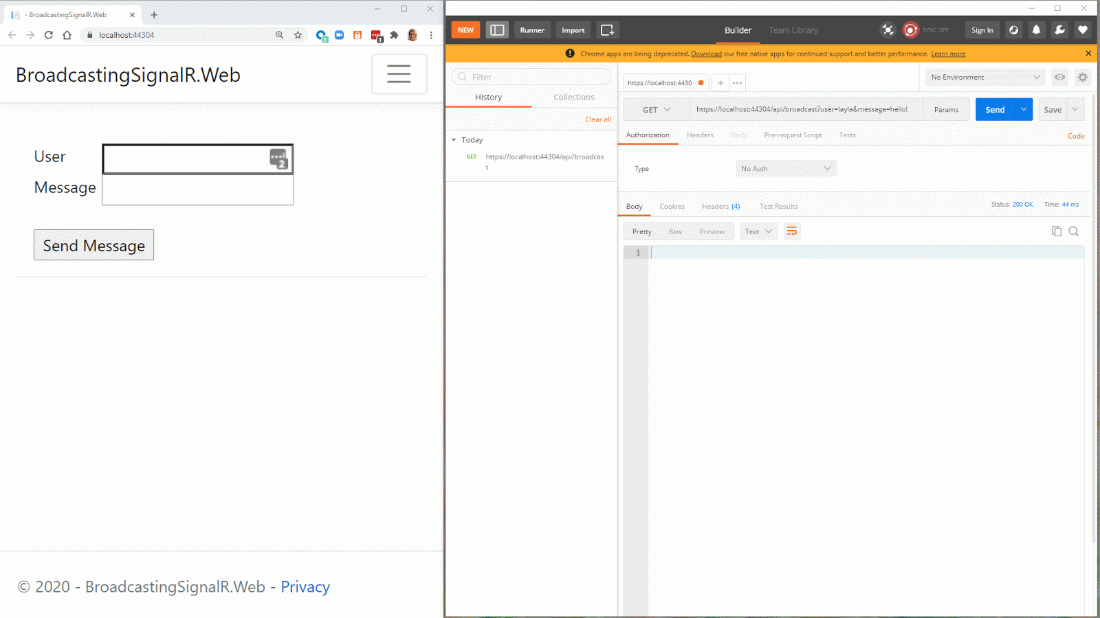 gif of postman making an api call and the message showing in the browser