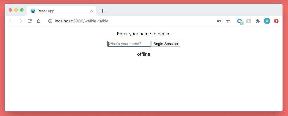 GIF showing user entering the name friend1 in the form field, submitting the form, and then seeing the Press to Talk button.