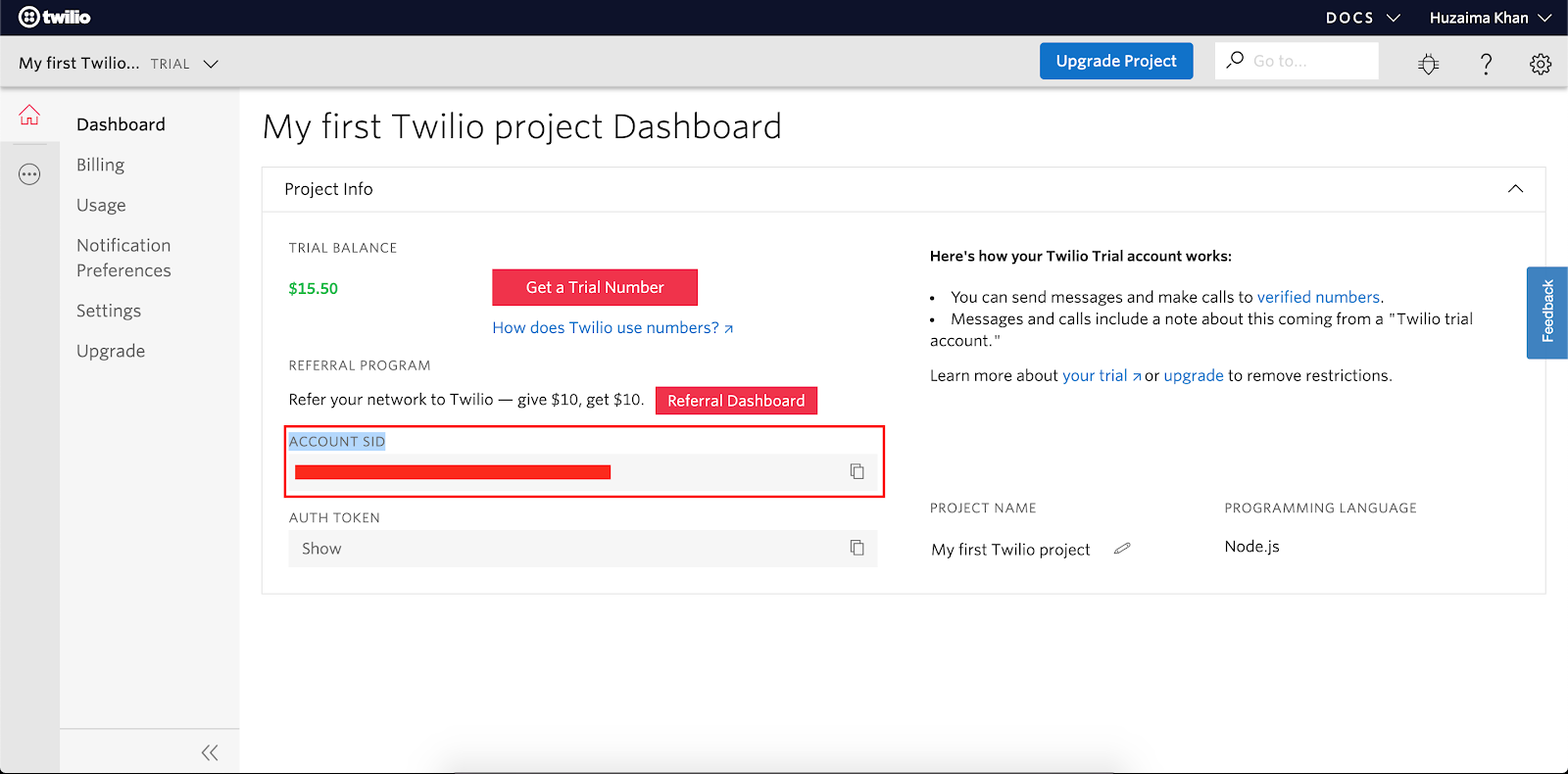 Screeshot of the Twilio Console with Account SID circled