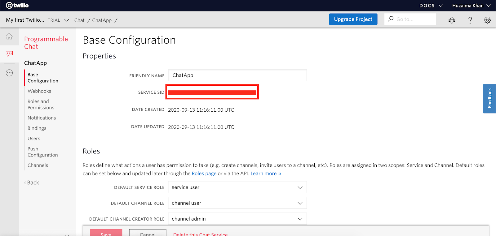 Screenshot of chat service configuration page with service SID circled