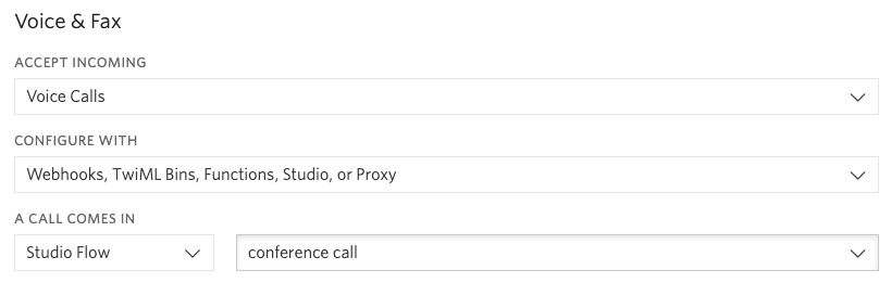 Screenshot of phone number configuration. "Accept Incoming" dropdown has "Voice Calls" selected. Under "Configure With", "Webhooks, TwiML Bins, Functions, Studio, or Proxy" is selected." Under "A call comes in", our "conference call" Studio Flow is selected.