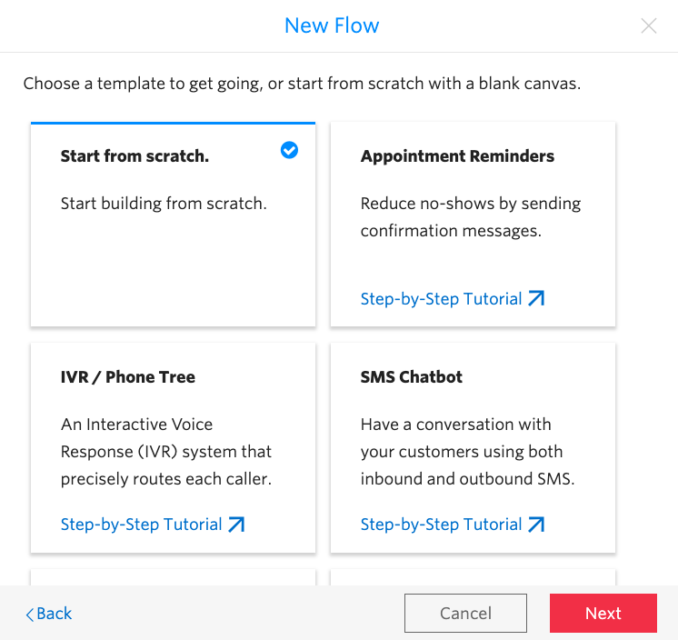 Screenshot of the dialog box that lets you select a flow type. The options are start from scratch, appointment reminders, IVR / Phone Tree, SMS Chatbot.