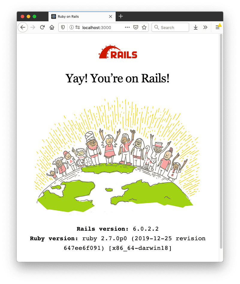 The page that shows Rails is running. My Rails version is 6.0.2.2 and Ruby version 2.7.0.