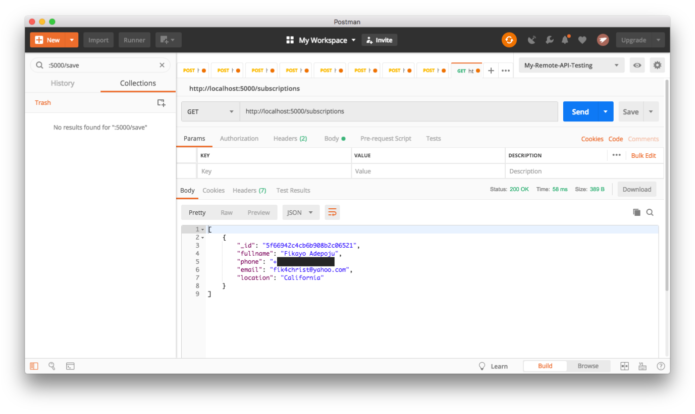 /subscriptions endpoint test - Postman
