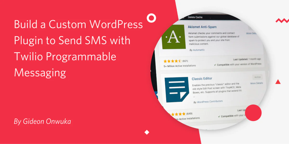 Screenshot of WordPress site with plugins and text overlay promoting a tutorial on building a custom WordPress plugin with Twilio SMS.