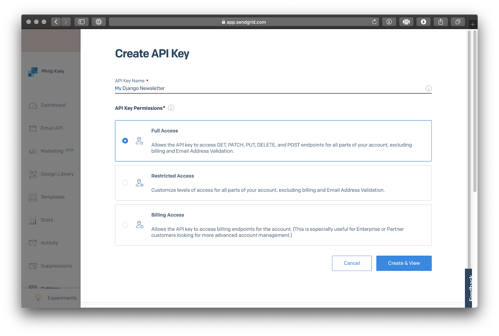 SendGrid create API key screenshot