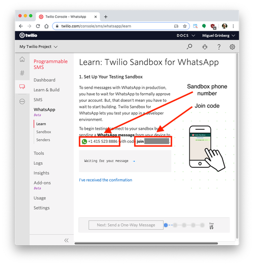 Twilio Sandbox for WhatsApp dashboard