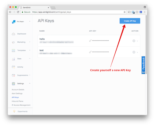 SendGrid new API key button