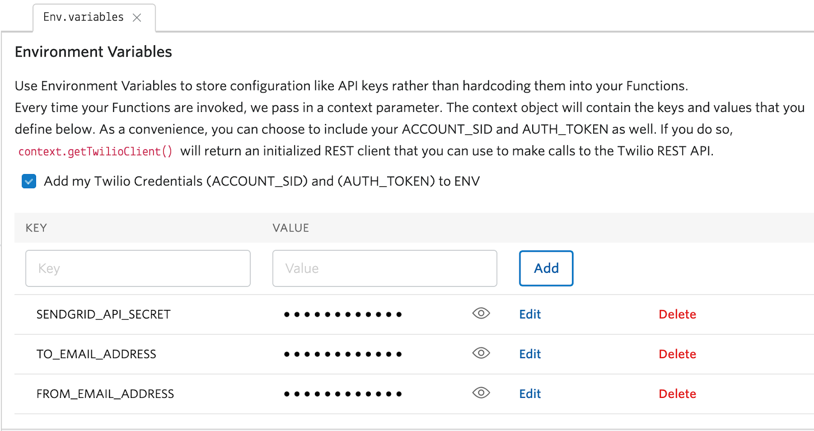 Set environment variables in Twilio Functions