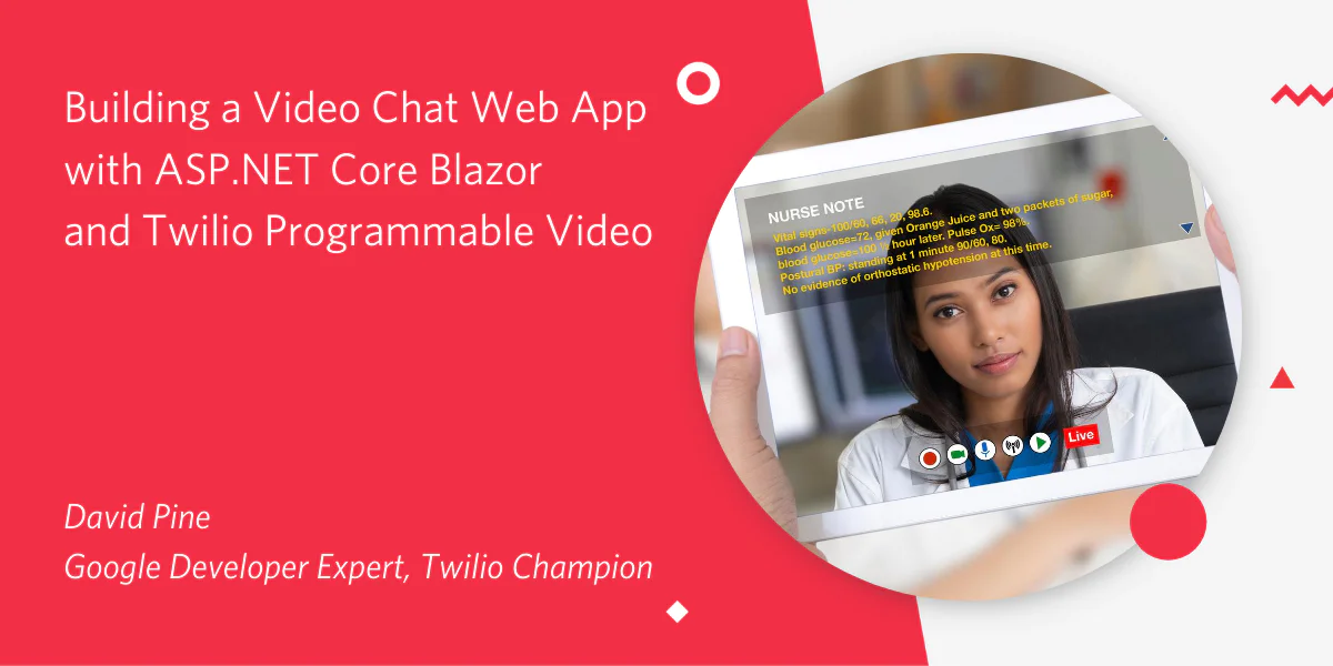 A person holds a tablet showing a healthcare professional on a video call with text about ASP.NET Core Blazor and Twilio