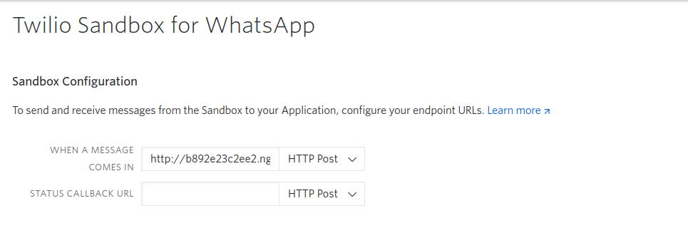 WhatsApp sandbox webhook configuration