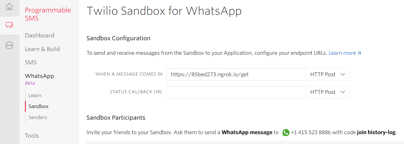 WhatsApp sandbox configuration