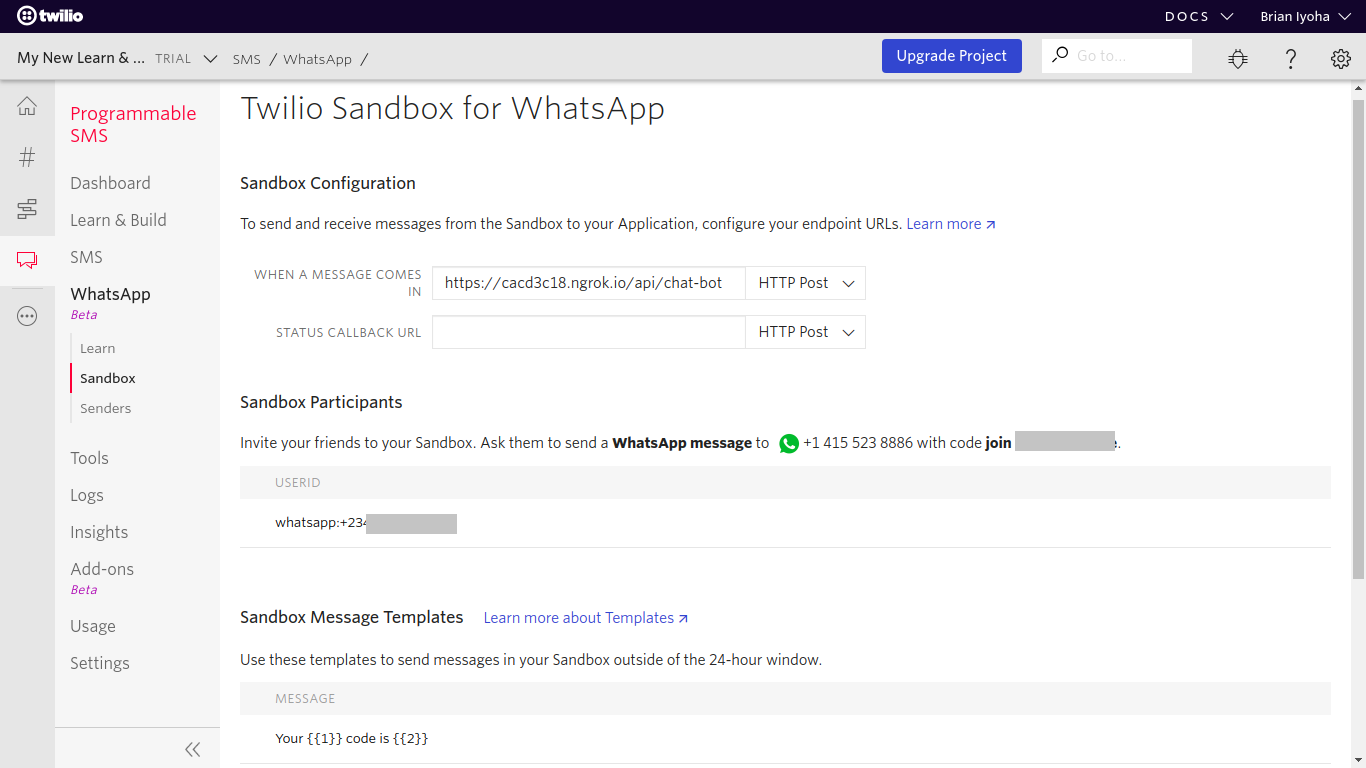 Twilio sandbox for WhatsApp