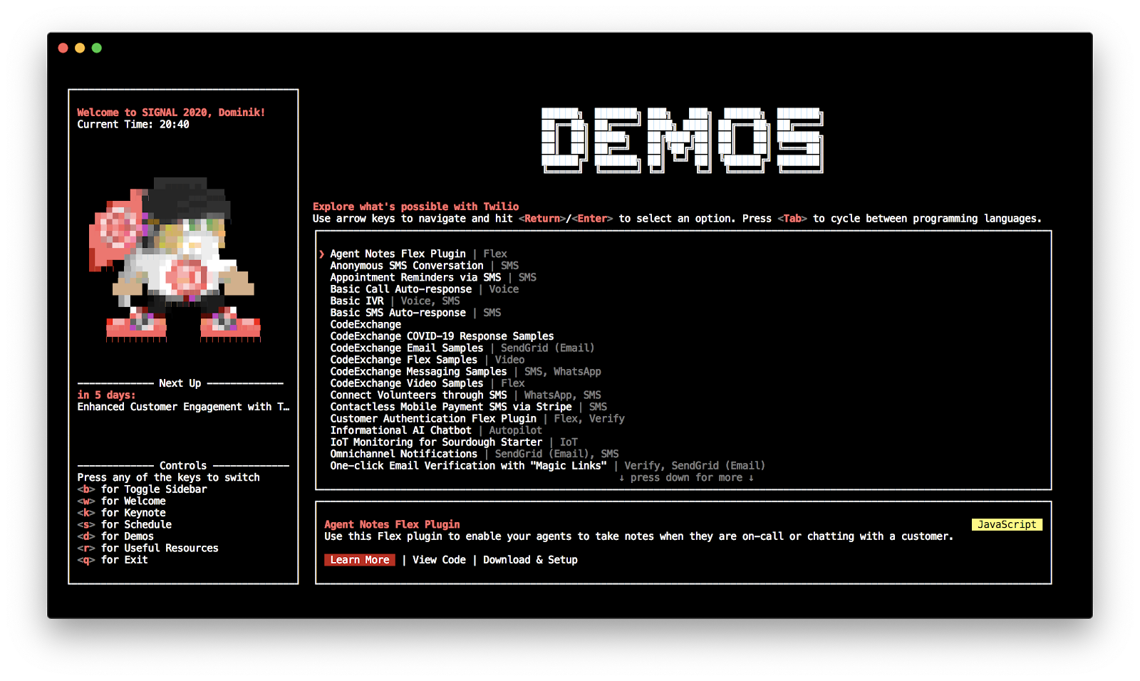 terminal screenshot of SIGNAL Developer Mode in the demos section