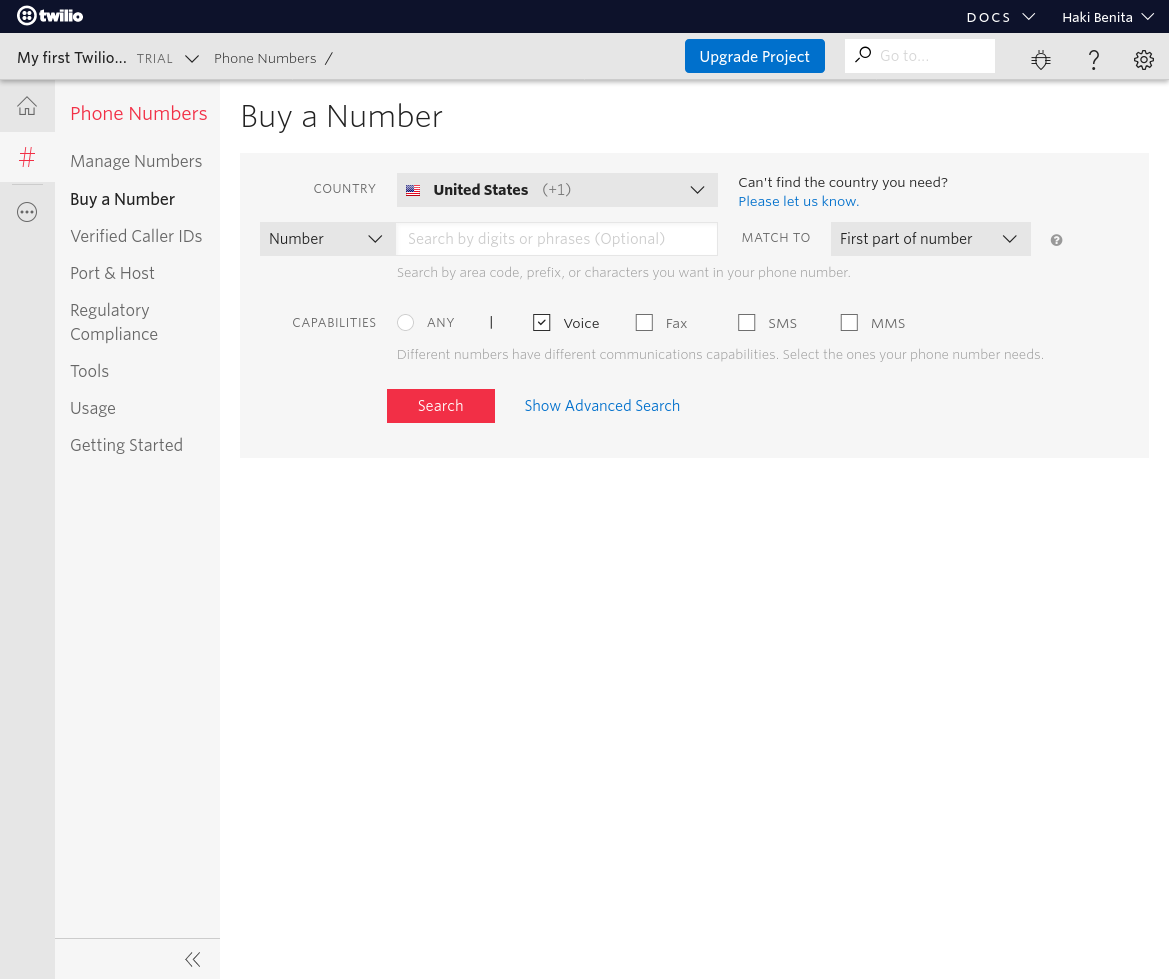 twilio buy a number screenshot