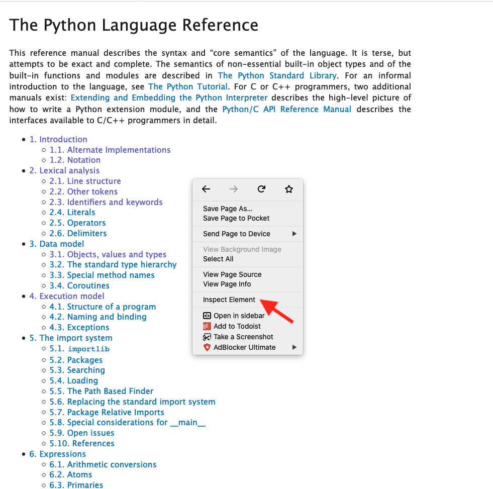 Python reference documentation table of contents