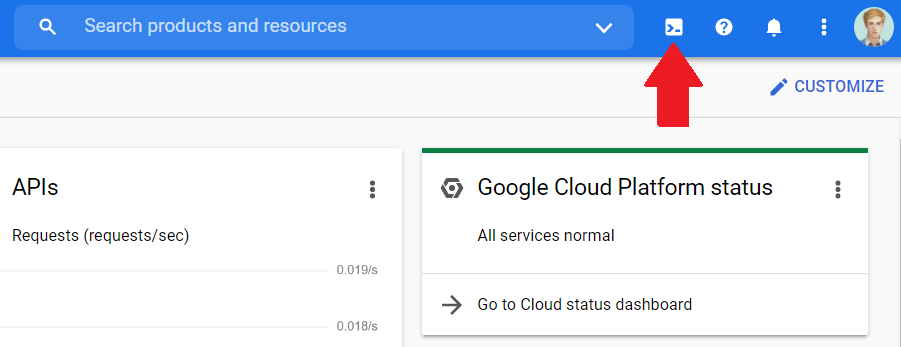 Screenshot of Google Cloud Platform console showing location of CLI icon