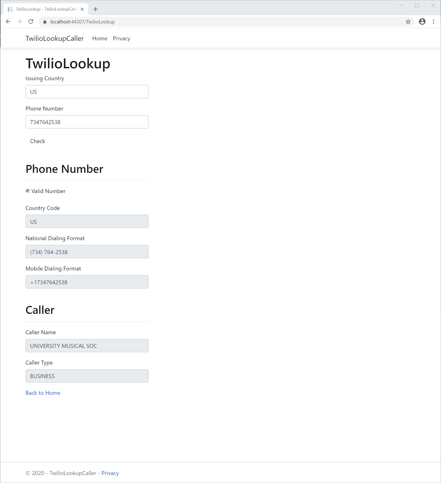 Twilio Lookup web application screenshot