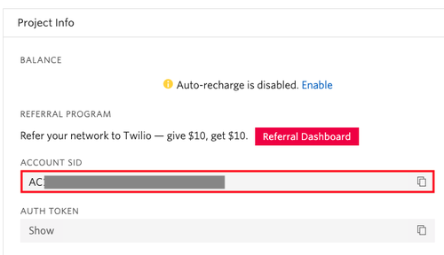 SID du compte dans la console twilio