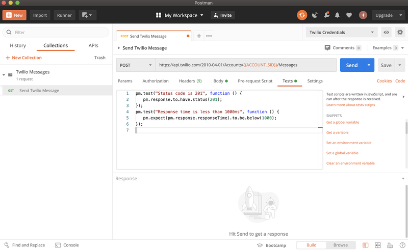 painel do postman mostrando trechos de código da guia testes