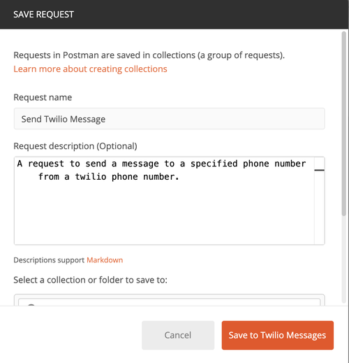 solicitação de salvamento do postman e descrição para solicitação de &#x27;enviar mensagem twilio&#x27;