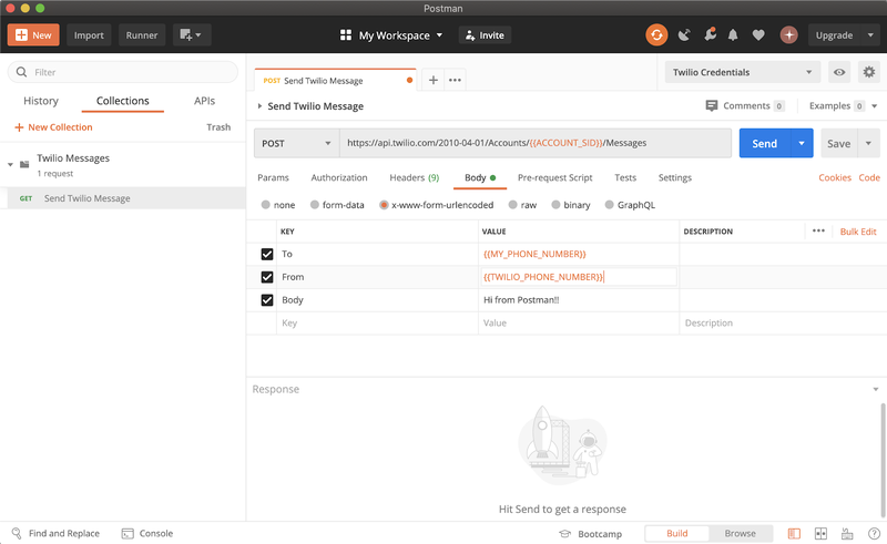 configurar as variáveis de ambiente para a coleção &#x27;enviar mensagem da twilio&#x27;