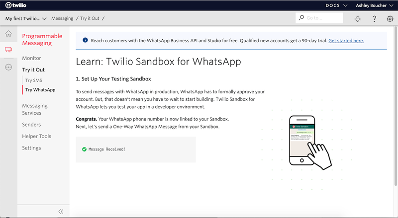Captura de pantalla de la conexión exitosa de sandbox y WhatsApp