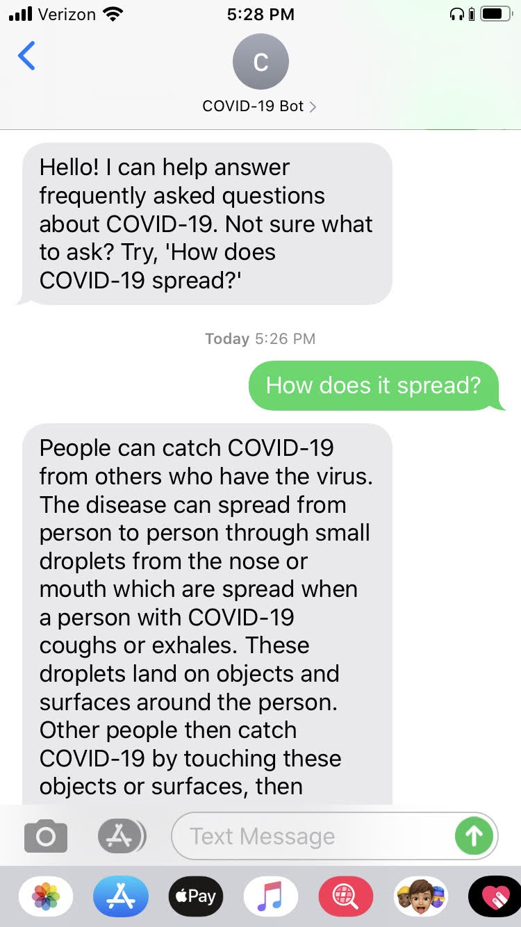 Screenshot of text message conversation with the COVID-19 bot.