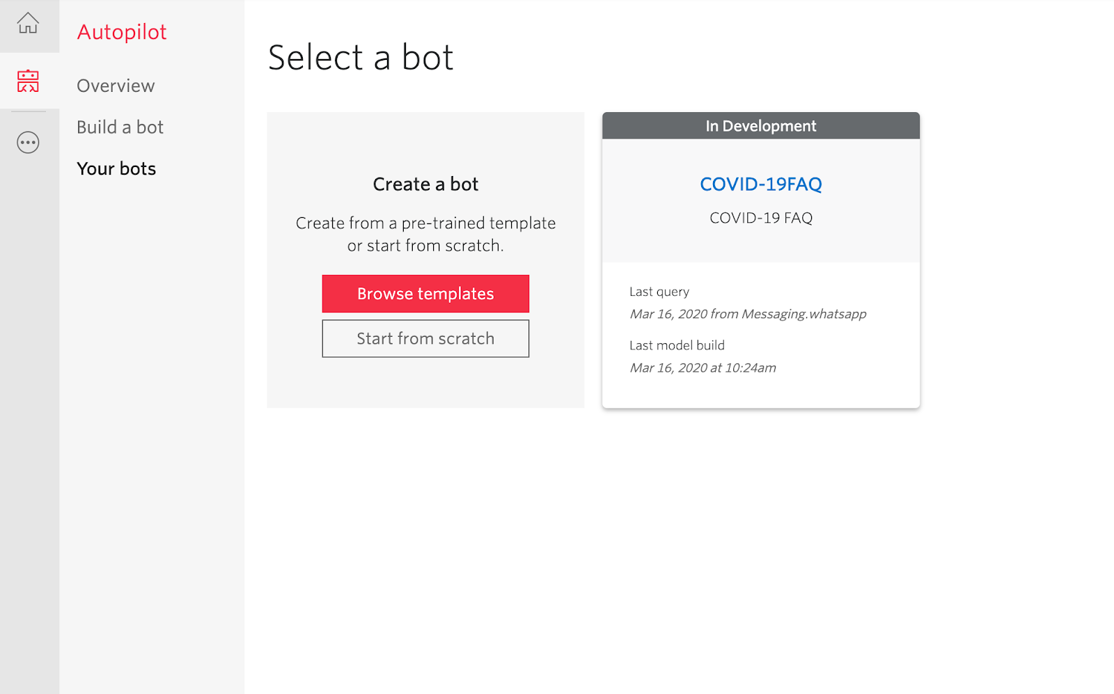 Screenshot of autopilot dashboard showing COVID-19 bot successfuly imported.