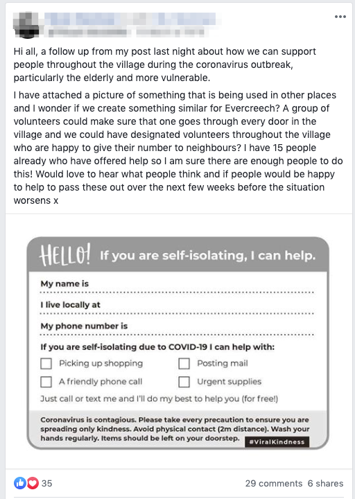 Screenshot of a facebook message suggesting a volunteer network to support vulnerable people in a small village in Somerset, UK