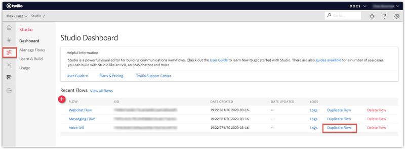 Creación de un flujo IVR de Studio para Twilio Flex